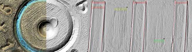 Cartridge case bottom captured by a color camera (left). Cartridge case bottom (middle). Scanned bullet and processed in ballistic SW (right). image