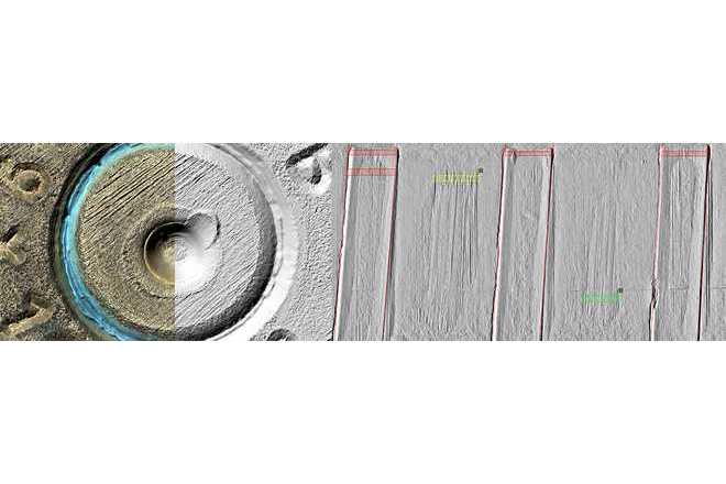 Cartridge case bottom captured by a color camera (left). Cartridge case bottom (middle). Scanned bullet and processed in ballistic SW (right). image