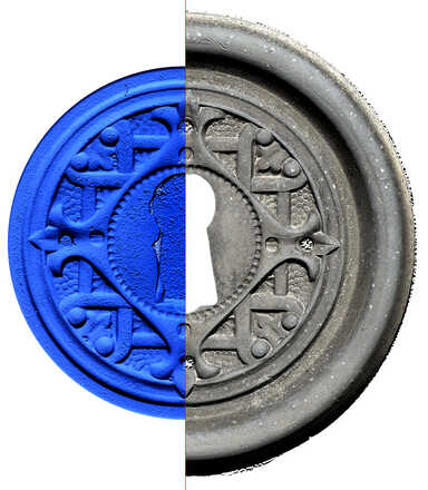Split-line comparison of a silicone cast and the source object image