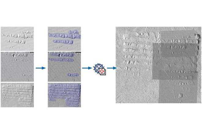Original scanned images (left). Defined toolmark areas (middle). After automatic Match by impression marks the software automatically aligns images – e.g. in the Canvas mode (right). image