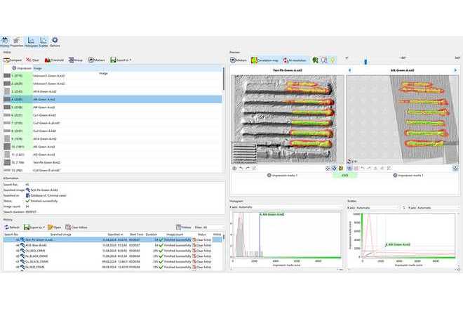 Hit list of candidates based on the calculated correlation score (top left). Candidate information from the database (middle left). Database search history (bottom left). Comparison preview with similarity map (top right). Statistical data on the hit list (bottom right). image